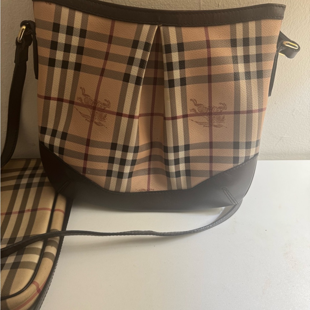 Burberry Beige and Dark Brown Plaid Shoulder Bag